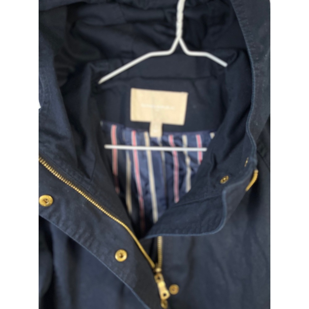 Banana Republic SMALL Navy Blue Hooded Twill Coat Zip Snap Below Knee Belt - Picture 3 of 10